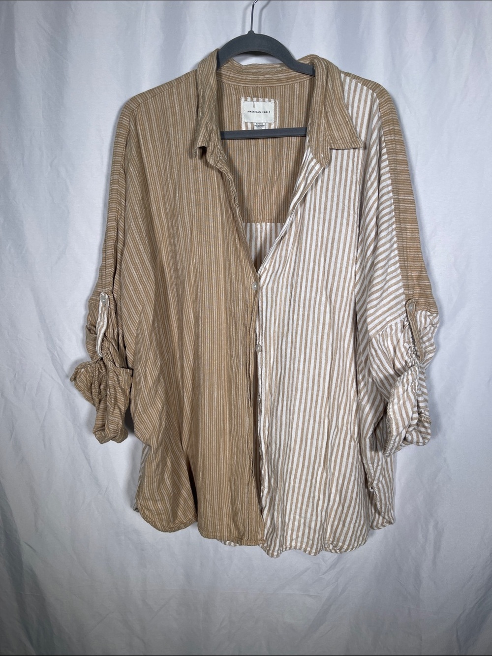 AMERICAN EAGLE WOMENS OVERSIZED LINEN BUTTON DOWN STRIPED SHIRT BLOUSE XL